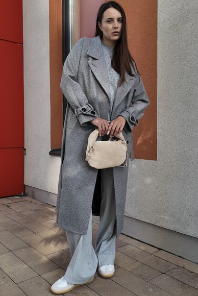 Gray coat with buttons and belt