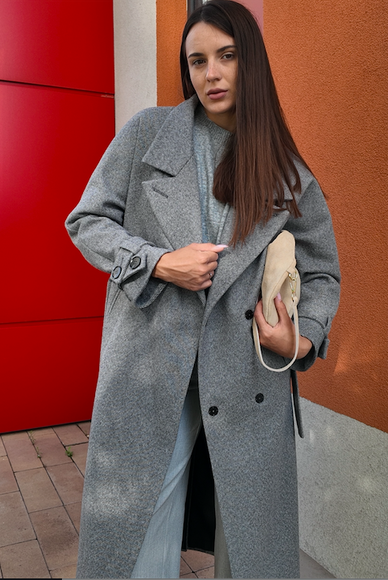Gray coat with buttons and belt